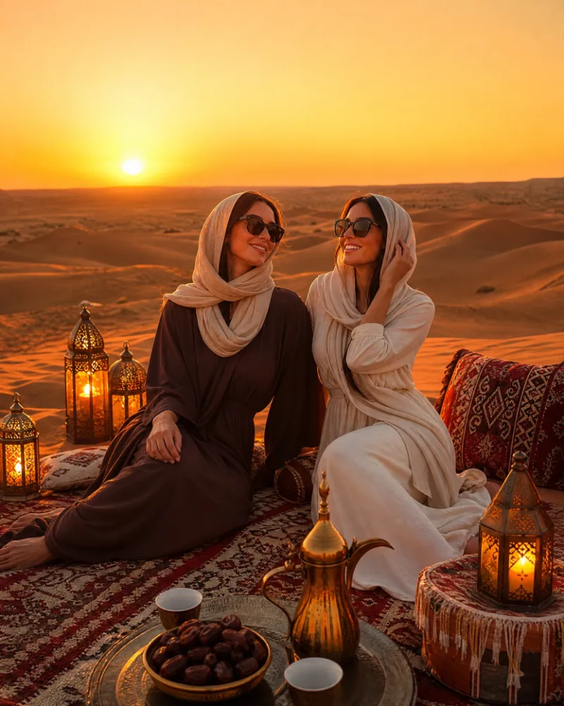 Bedouin-style camp seating with Arabic coffee and dates at sunset