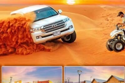 Stunning view of a desert safari in Dubai with luxury 4x4 vehicles and camel rides