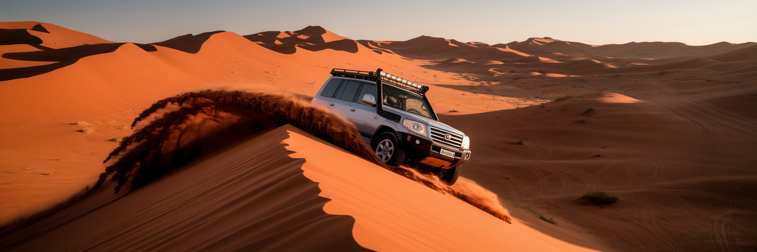 4x4 Land Cruiser dune bashing in Dubai desert at sunset.