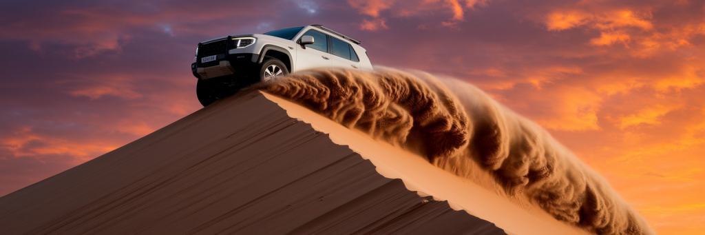 4x4 vehicle dune bashing at sunset.
